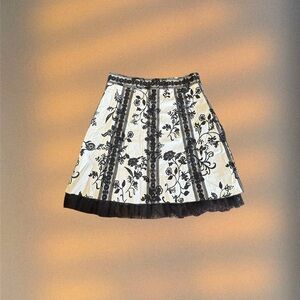 Black and White Floral A-Line Skirt with Lace Trim